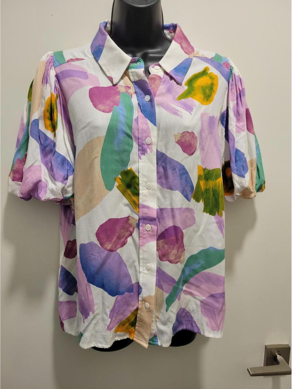 Entro Brushstroke Balloon Sleeve Blouse Women’s Top Size L Large NWT